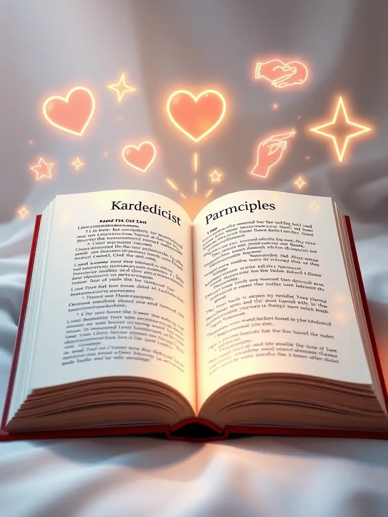 An image of an open book displaying the core principles of Kardecism, surrounded by symbols of love, charity, and spiritual growth.