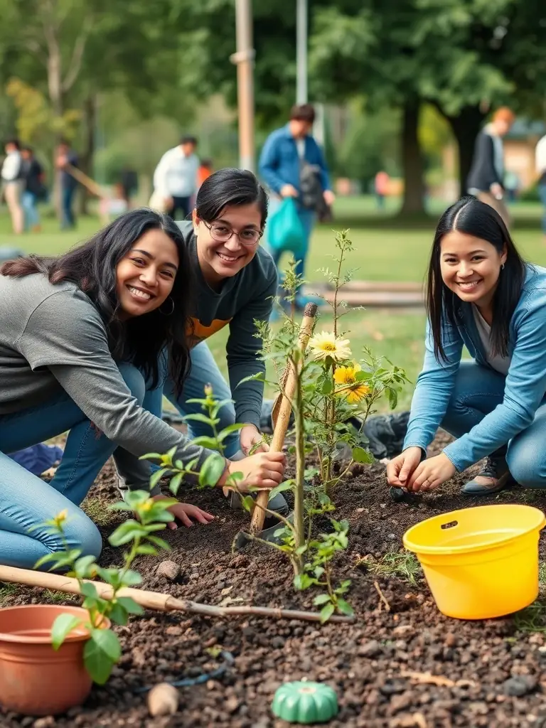 A photograph of volunteers working together in a peaceful setting, symbolizing the spirit of community and service at Garden House.