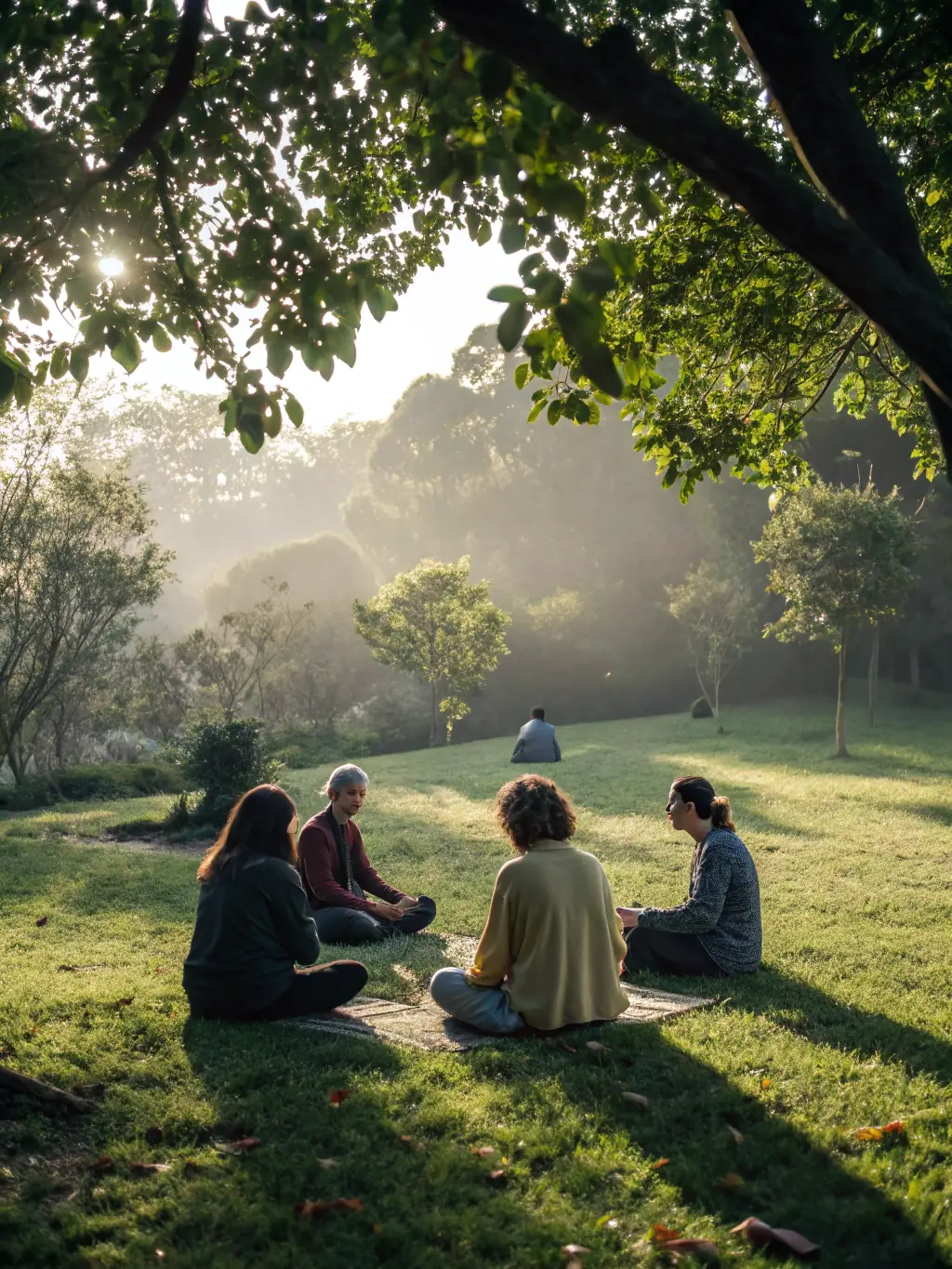 A diverse group of people engaged in a peaceful meditation session at Garden House, fostering a sense of community and shared spiritual growth.