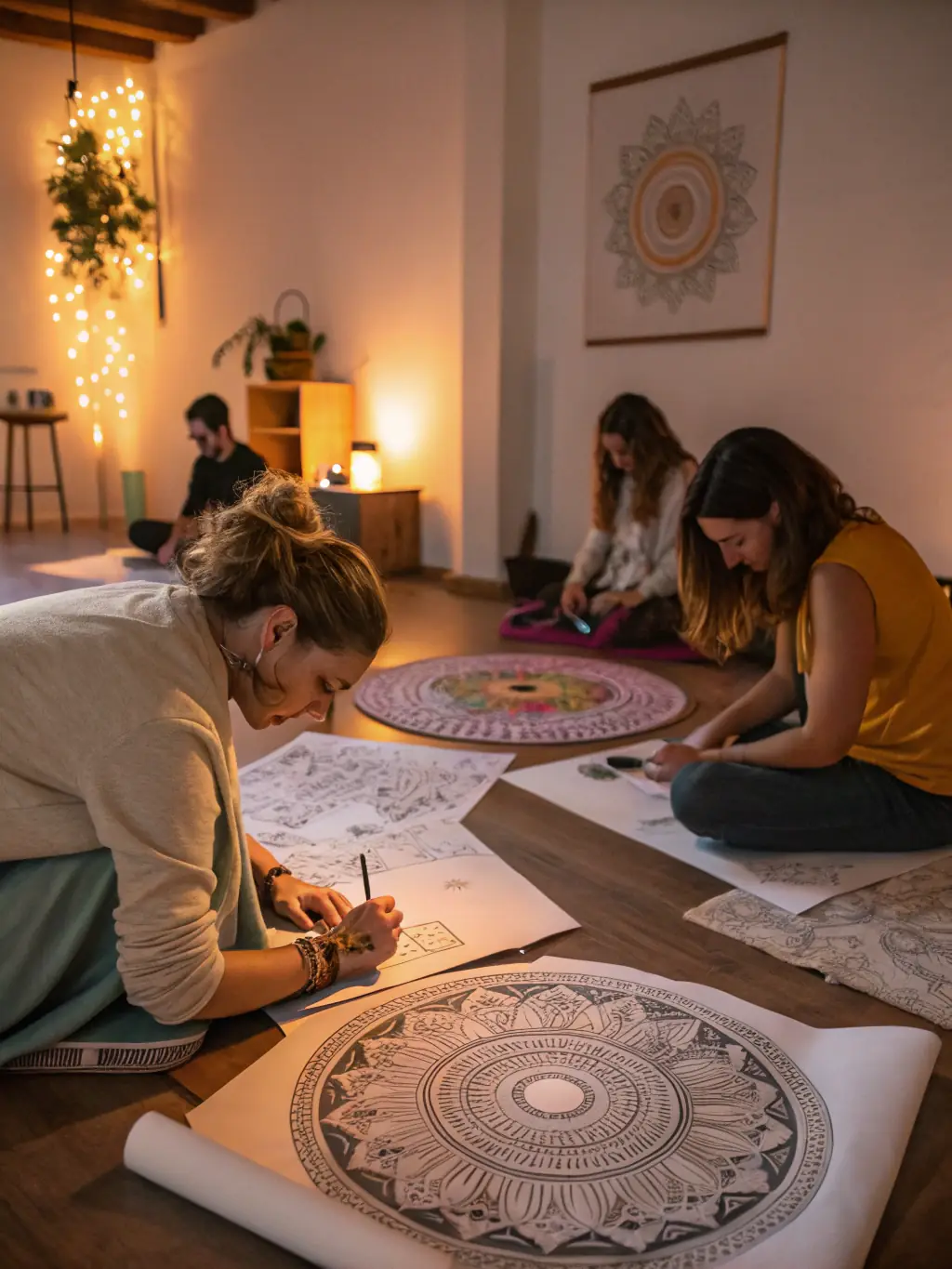 A serene image depicting a spiritual healing session in progress, with soft, warm lighting and a sense of peace and tranquility. A volunteer is gently guiding a participant.