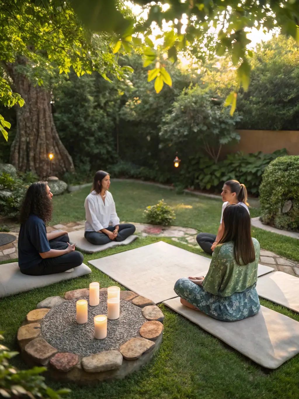 A serene image depicting a group of people meditating in a garden, bathed in soft, ethereal light, symbolizing spiritual healing and peace at Garden House.